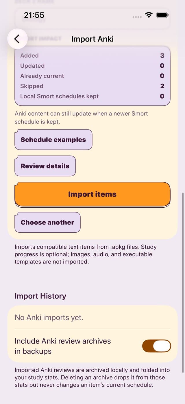 A supported Anki import ready to review in Smort