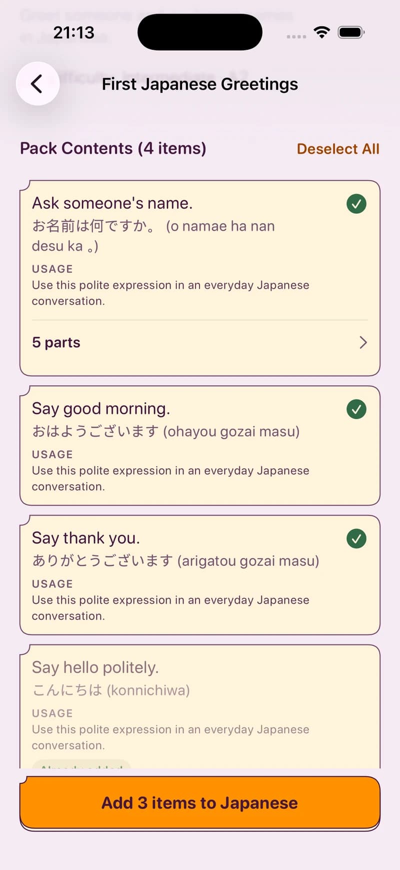 Contents of the First Japanese Greetings Pack in Smort, with vocabulary cards and usage notes