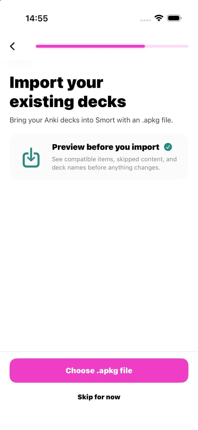 Smort reviewing a supported Anki import before saving